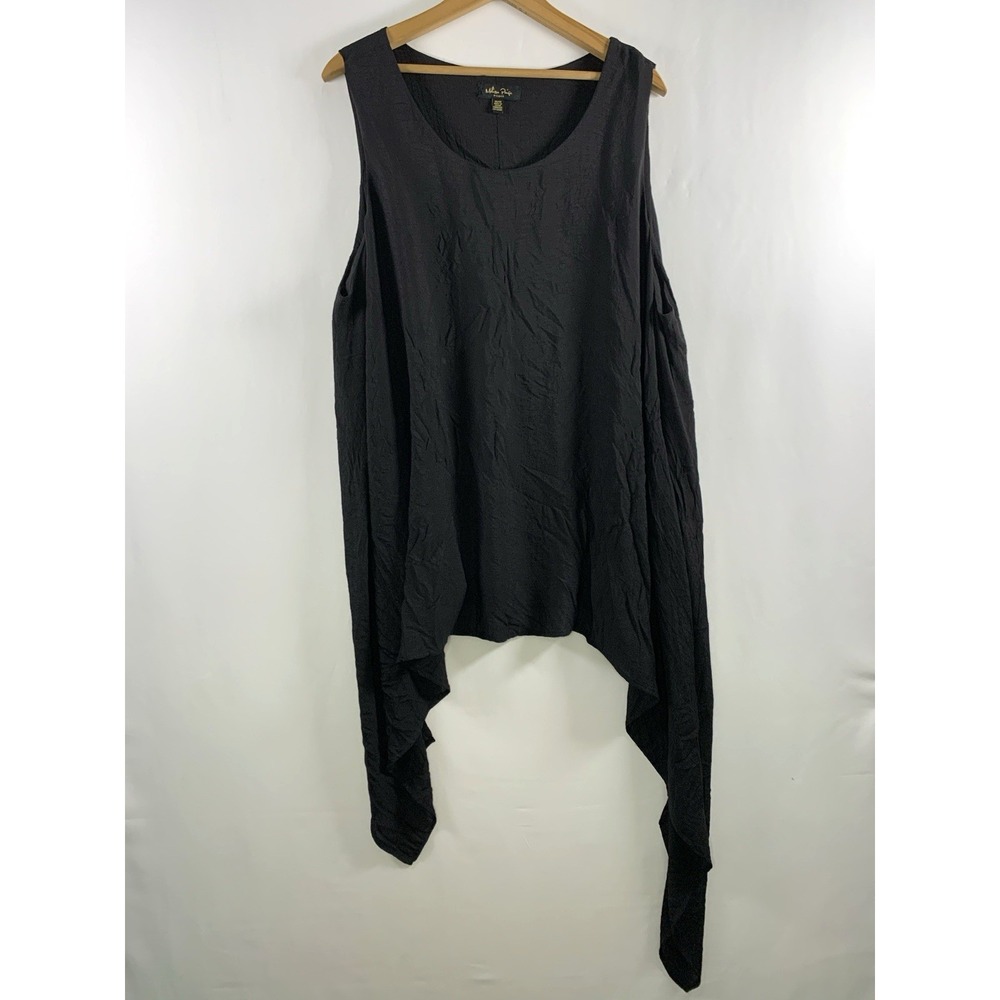 Melissa Paige Womens Lagenlook Flowy Top 1X Black Asymmetrical Boho Artsy